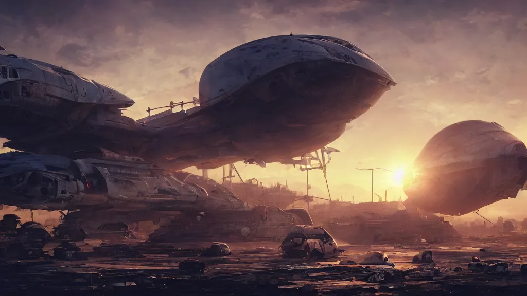 Prompt: a Photorealistic hyperrealistic render of a gigantic spaceship landing at a Junkyard by Greg Rutkowski,Vitaly Bugarov,Stephan Martiniere,Nicolas Bouvier SPARTH,James Paick, Juan Gimenez,PIXAR,dramatic moody sunset lighting,long shadows,Volumetric, cinematic atmosphere, Octane Render,Artstation,8k