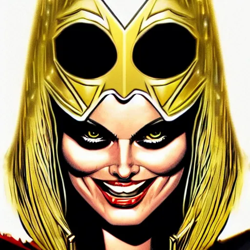 Prompt: style of Rafeal Albuquerque comic book art, goddess Margot Robbie, gold and white eyes, symmetrical face, symmetrical eyes, scary smile