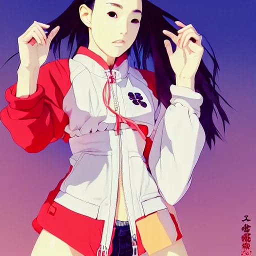 Image similar to a beautiful japanese natalie portman gravure model, wearing oversized native designer bomber jacket and leotard, bulky poofy bomber jacket with mesoamerican patterns, mesoamerican native street fashion, gapmoe yandere grimdark, trending on pixiv fanbox, painted by greg rutkowski makoto shinkai takashi takeuchi studio ghibli, akihiko yoshida