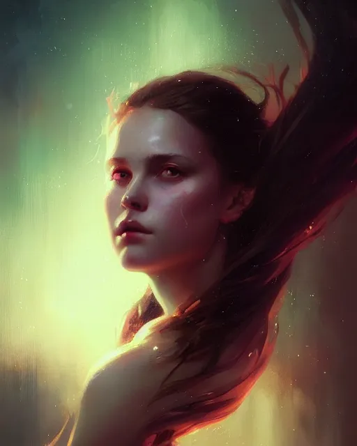 Prompt: girl portrait by greg rutkowski and charlie bowater, vivid, aesthetic, fine details, colorful swirly ripples, gaudy colors, luminescent, organic matte painting, realistic eyes, masterpiece, busy background, bokeh, depth of field