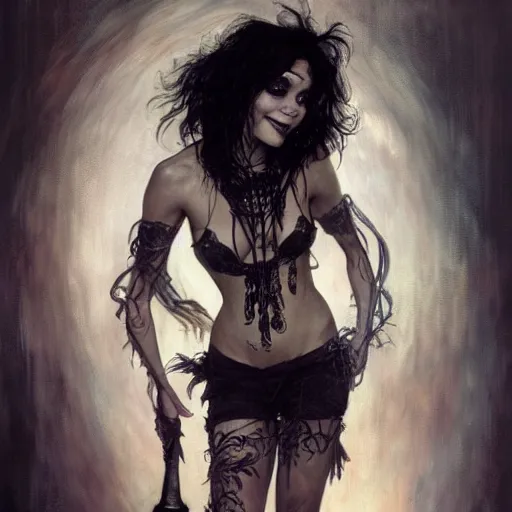 Image similar to beautiful portrait of vanessa hudgens as death from sandman, smiling, by cedric peyravernay, alphonse mucha, by jeremy mann, by lecouffe deharme, goth chic, soft lightning, eyeliner, punk rock, high detailed, 8 k