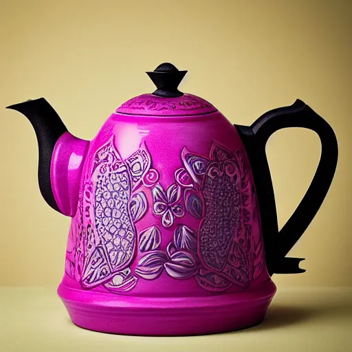 Prompt: still life photograph of an owl kettle with a magenta handle, glazed ceramic, tilt shift, very beautiful, global illumination, intricate linework, short spout, filigree, baroque