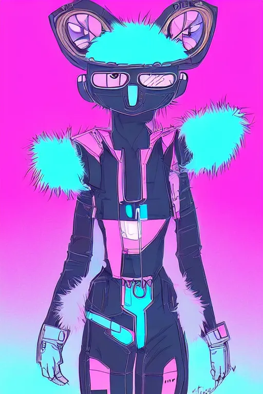 Image similar to a cute cyberpunk anthropomorphic fox with pink fur and blue eyes and a fluffy tail, comic art, trending on furaffinity, cartoon, kawaii, backlighting, furry art!!!, cel shading, concept art, lineless