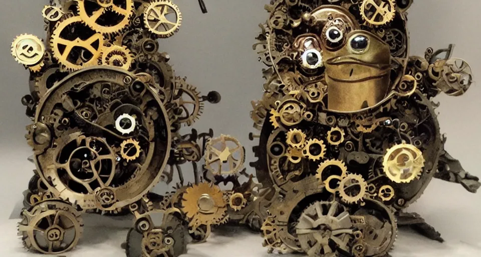 Image similar to a tiny cute steampunk monster with cogs and screws and big eyes smiling and waving, in the style of dave mckean