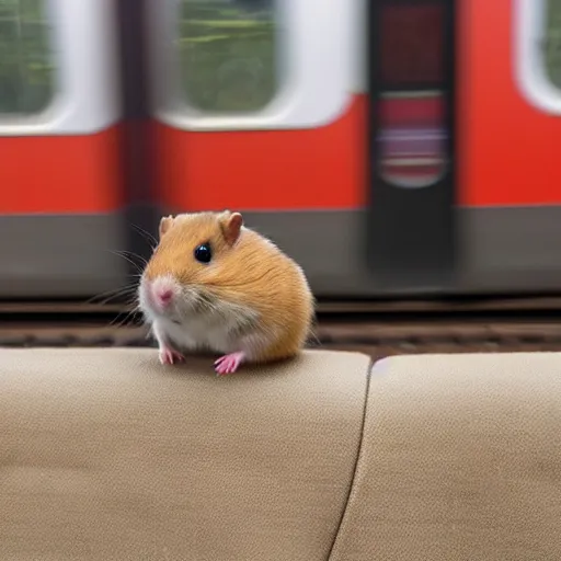 Prompt: distant photo of a hamster, sitting on a seat in a train, various poses, unedited, soft light, sharp focus, 8 k