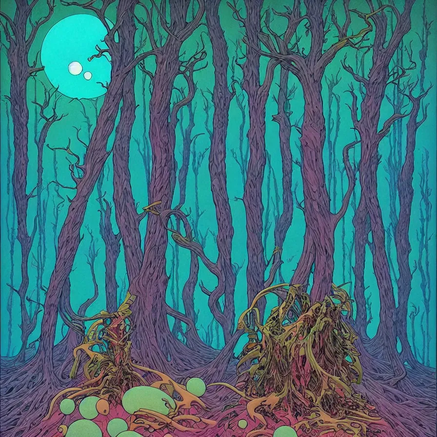 Image similar to ( ( ( strange forest on an unknown planet ) ) ) by mœbius!!!!!!!!!!!!!!!!!!!!!!!!!!!, overdetailed art, colorful, record jacket, warm tones, bioluminescent