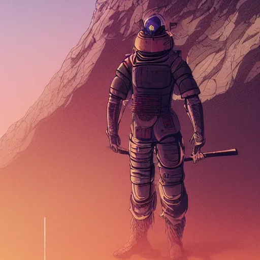 Image similar to Thomas Jane, an illustration of a worn out samurai that got time travelled to a futuristic colonized Mars, art by Ilya Kuvshinov, wallpaper, highly detailed, anime key visual, warm colors, epic landscape, HD digital art, artstation