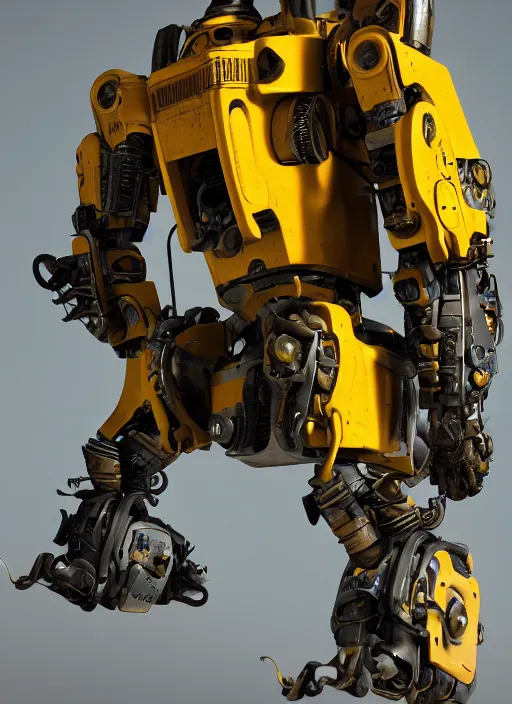 Image similar to a photorealistic dramatic hyperrealistic render of a futuristic exosuit power loader heavy machinery, ultra realistic details, glossy yellow, well worn, rust, oil stains by vitaly bulgarov and mike nash, beautiful dramatic dark moody tones and lighting, cinematic atmosphere, studio lighting, global illumination, shadows, dark background, octane render, 8 k