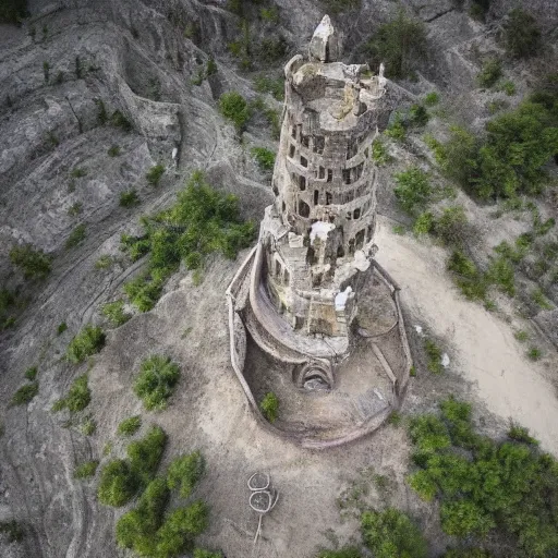 Image similar to Aerial view of a wizard's tower, surrounded by mines and caves