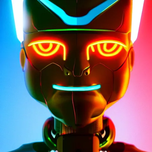 Image similar to a portrait of futuristic robot posed in front of a neon background, digital art in the style of greg rutkowksi trending on artstation