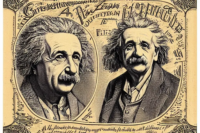 Image similar to an engraved portrait of albert einstein surrounded by intricate equations of theory of relativity, detailed!!! copper - plate engraving in the style of a postage stamp, fine!!! lines, engraved by alfred sealey, bureau of engraving and printing