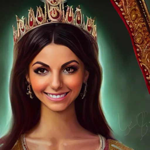 Prompt: a portrait of victoria justice as an arabian princess in a disney movie, crown!! oil painting, pale colors, high detail, 8 k, wide angle, trending on artstation,