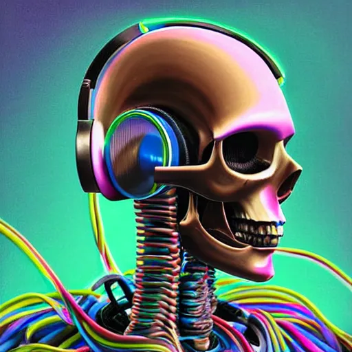 Image similar to a painting by Thomas Cole of a vaporwave robot skull wearing headphones connected with many wires and coords to an old computer terminal, highly detailed chromatic 3d rendering from 1996