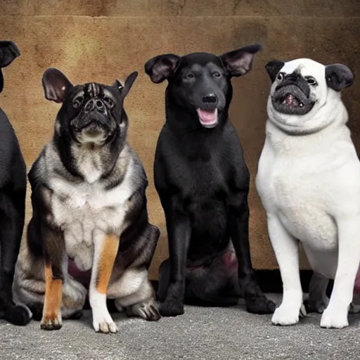 Image similar to a group of mafioso dogs, realistic, dark, menacing
