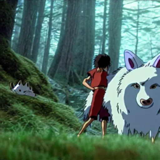 Image similar to a still frame from the princess mononoke live action film, cinematic, filmic