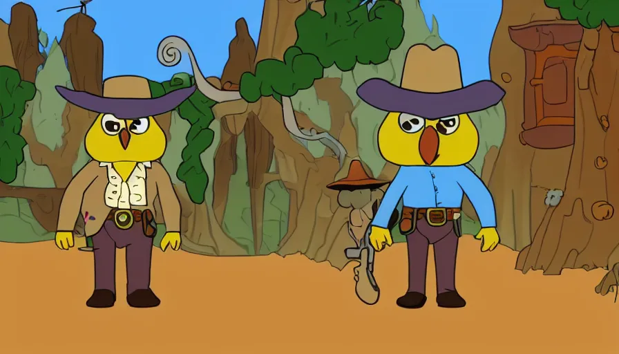 Image similar to 2000s cartoon show screenshot about a gunslinging owl from the wild west, wearing a cowboy hat an eye mask, standing in an old west town the animated show, in the style of cowboys of moo mesa