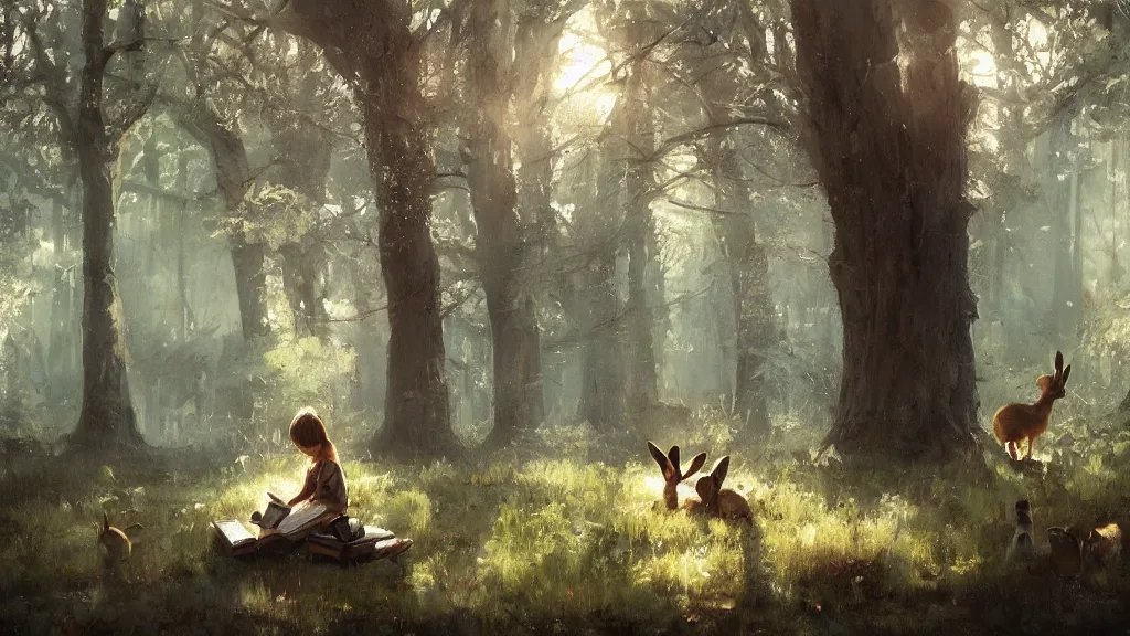 Image similar to cute girl reading on stump in the magical forest, morning light, cute rabbits and deers, by jeremy mann and greg rutkowski, artstation, oil on canvas