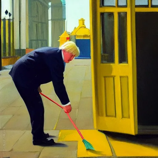 Image similar to A fine art painting of Boris Johnson doing community service in a high vis vest, he is picking litter on a British street. In the style of Edward Hopper and Wes Anderson