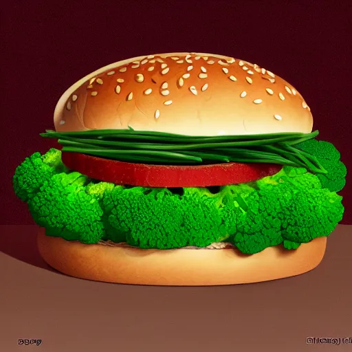 Image similar to a dancing persian cat and a multilayer vegetarian broccoli burger, highly detailed, digital painting, sharp focus, fantasy art
