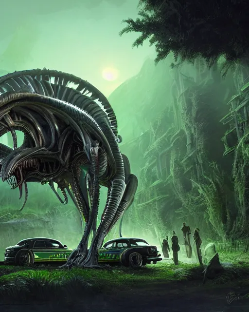 Image similar to xenomorph taxi car in a fantasy village, calming, uplifting mood, ultra realistic, farm, small buildings, highly detailed, atmosphere, masterpiece, epic lighting, elves, green plants, magic, illuminated, 4 k, cinematic, morning sun, art by eddie mendoza and sylvain sarrailh and jonathan berube