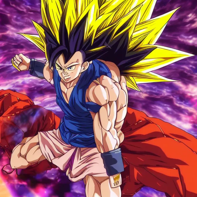 Image similar to aesthetic anime man goes super saiyan in the style of jojo's bizarre adventure, ultrafine hyperrealistic detailed face illustration by kim jung gi, irakli nadar, intricate linework, sharp focus, bright colors, matte, octopath traveler, final fantasy, unreal engine highly rendered, global illumination, radiant light, intricate rainbow environment