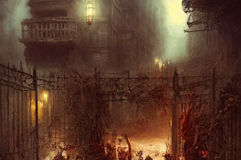 Image similar to Zombie madness ensues while being gatekept behind jagged metal fencing, illustrated by Greg Rutkowski and Gaston Bussiere, foreboding and eerie lighting, concerning mood, intricate, photorealistic imagery, smooth lighting, vignette, grain effect, bloom effect, trending on artstation, 4k, 8k