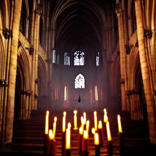 Prompt: a photograph of a beautiful gothic girl inside a dark gothic cathedral illuminated by candles, impressive scene. grainy and rough. soft colour scheme.