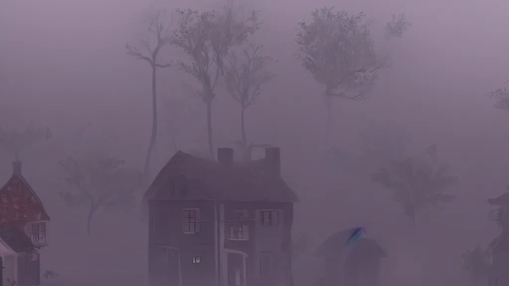 Image similar to village with many beautiful houses in the fog, fog, volumetric lighting, mystique, atmospheric, in the style of the game inside, sharp focus, ultra detailed, noir arthouse, 4 k, cinematic, 3 5 mm