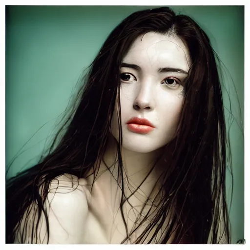 Image similar to Portrait photo of a woman under water, long dark hair, flowing hair, posed in profile, studio lighting, highly detailed, art by artgerm, cinestill 800t