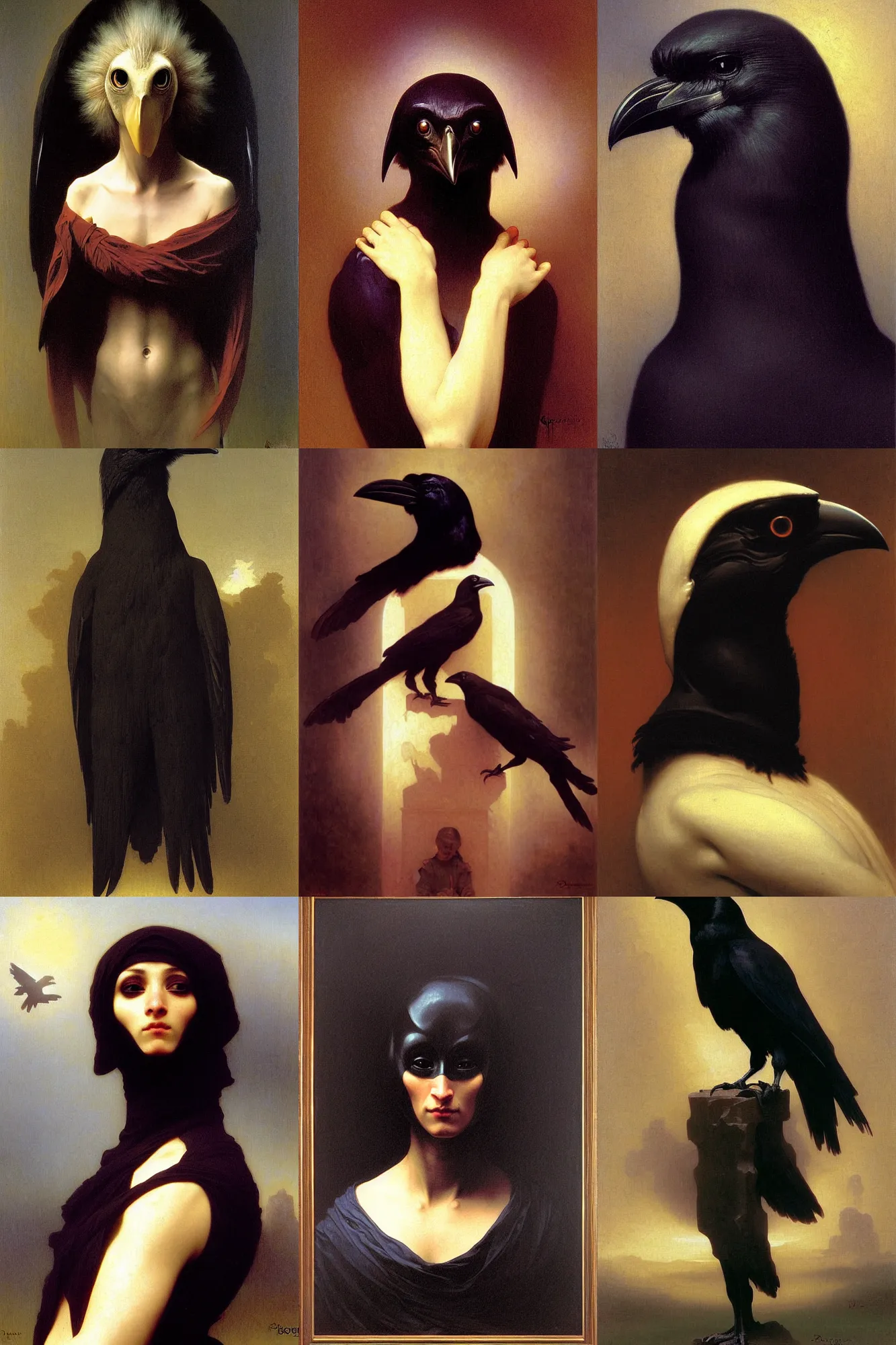 Prompt: portrait of a crow alien creature, majestic, solemn, by bouguereau