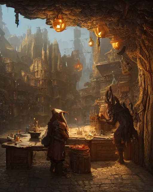 Image similar to A merchant selling treasuries, highly detailed store, fantasy art, goblin art, in the style of greg rutkowski, illustration, epic, fantasy, intricate, hyper detailed, artstation, concept art, smooth, sharp focus, ray tracing