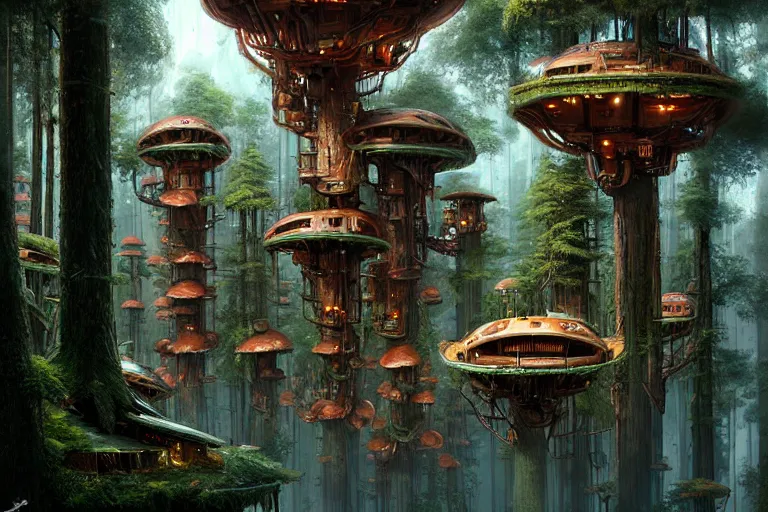 Prompt: mushroompunk treehouse city on endor, hyper detailed, by alejandro burdisio,