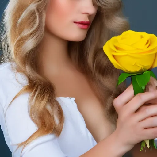 Prompt: long blonde haired woman wearing white clothes holding a yellow rose, highly detailed, 4k