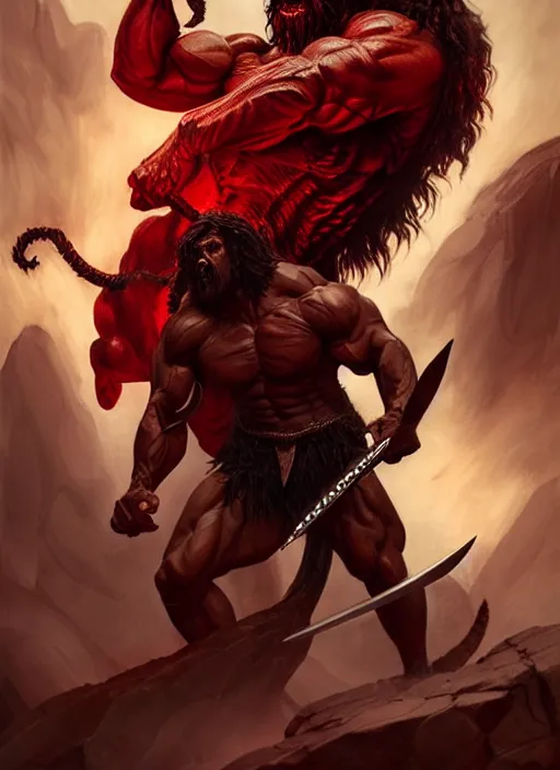 Prompt: portrait of aggressive demonic damned heracles slaying a beast, d & d, muscular! athetic slim bodybuilder, red and black, futuristic, fantasy, intricate, elegant, highly detailed, digital painting, artstation, concept art, smooth, sharp focus, illustration, art by artgerm and greg rutkowski and alphonse mucha