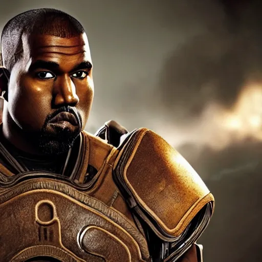 Image similar to kanye west as an centaur!!!! in gears of war, splash art, movie still, detailed face, photorealistic facial features, cinematic lighting, dramatic, octane render, long lens, shallow depth of field, bokeh, anamorphic lens flare, 8 k, hyper detailed, 3 5 mm film grain