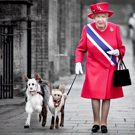 Image similar to photography portrait of queen elizabeth ii, queen of united kingdom, wearing a union jack dress and walking her dogs in the streets of london, photorealistic, canon r 3, photography, wide shot, symmetrical features, symmetrical pose, wide angle shot, head to toe, standing pose, feet on the ground