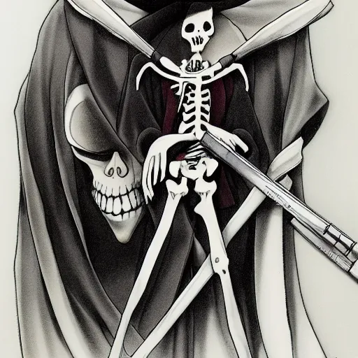 Image similar to A anime still of a grim reaper by Takeshi Obata, skeleton face symmetrical face,symmetrical body, worn clothes, military boots,colors red and black and white, pencil art on paper