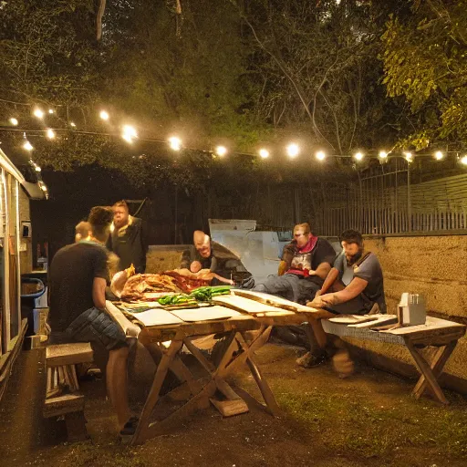 Prompt: It's a deep night, in the yard, in the distance two guys are grilling kebabs and chatting about the meaning of life, in the foreground on the left by the garage wall is a long table and two long benches with six girls and four guys sitting on them, one guy has an acoustic guitar and another guy is vaping, and to the right in the foreground is a vegetable garden, and one guy stepped in the bed by accident, and the other two guys are pulling him out of it, luminescent rain, magic mist
