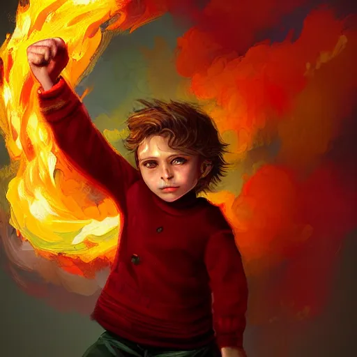 Image similar to colorful and festive captivating young child boy, brown fluffy hair, wearing red and yellow clothes, shooting a fire sphere out of his fist. full body, rich vivid colors, ambient lighting, dynamic lighting, 4 k, atmospheric lighting, painted, intricate, highly detailed by charlie bowater