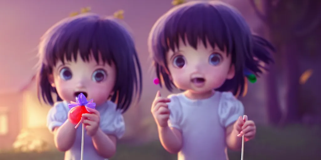 Image similar to a little girl with lollypop, holding blue balloon on a string, studio ghibli, pixar and disney animation, sharp, rendered in unreal engine 5, anime key art by greg rutkowski, bloom, dramatic lighting