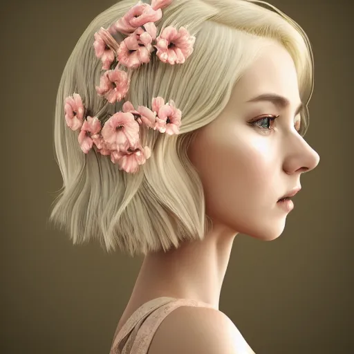 Image similar to beautiful blonde lady in flower dress, hyperrealistic, ultra detailed, octane render, symmetric, 3d, majestic, dark fantasy, intricate