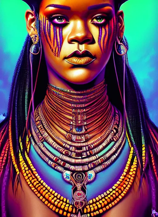 Image similar to portrait of rihanna, hyper detailed ultra sharp aztec shaman warrior. trending on artstation, warpaint aesthetic, bloodwave, colorful, psychedelic, ornate, intricate, digital painting, concept art, smooth, sharp focus, illustration, art by artgerm and greg rutkowski and h. r. giger, 8 k