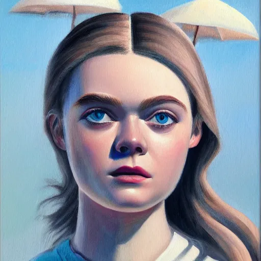 Prompt: professional painting of Elle Fanning in Santorini in the style of George Tooker, head and shoulders portrait, symmetrical facial features, smooth, sharp focus, illustration, intricate, stormy weather, extremely detailed masterpiece,