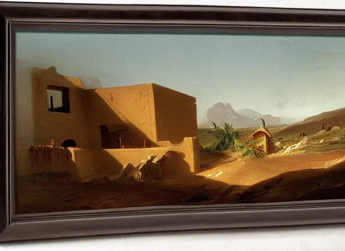 Prompt: painting of a sigeru ban house in the desert by thomas cole