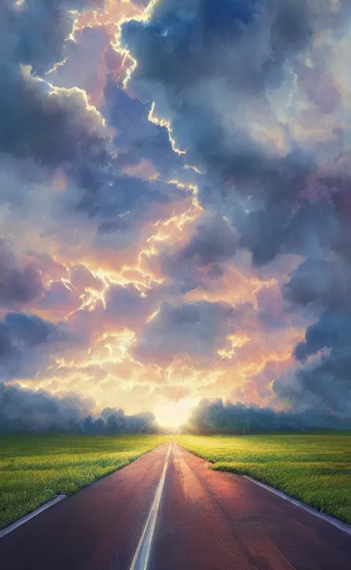 Image similar to textless paperback book cover. pure colors, melting clouds, accurately drawn details, a sunburst above a receding road with the light reflected in furrows and ruts, after rain. photorealistic. octane render. cinematic. trending on artstation. textless.