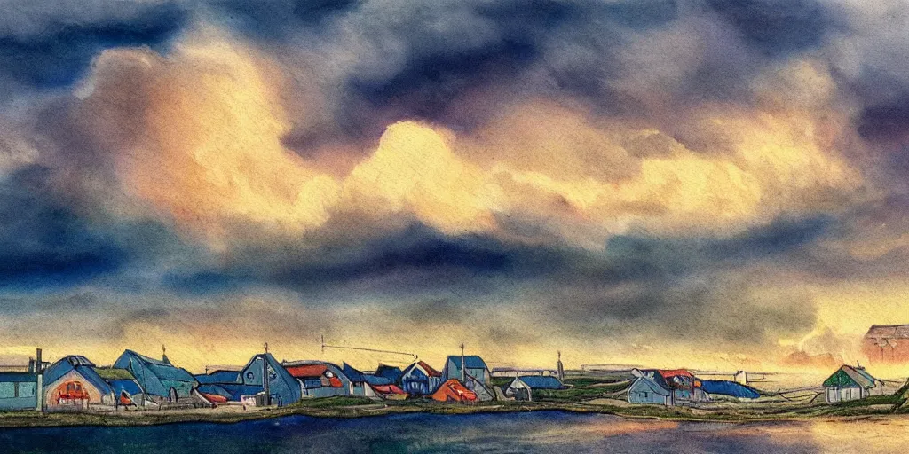 Image similar to a beautiful painting of a icelandic fishing village, storm clouds gathering over the town, by studio ghibli 8 k pastel colours, smeared watercolours, golden light film grain