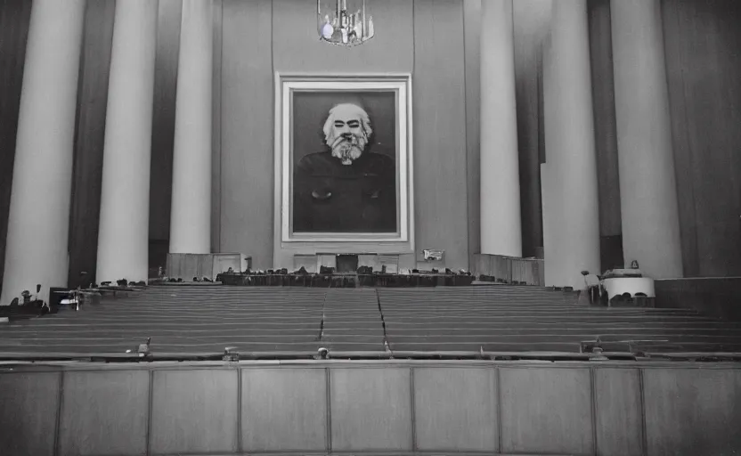 Image similar to 60s movie still of a stalinist style sovietic parlement with a giant portrait of Karl Marx, by Irving Penn , cinestill 800t 35mm eastmancolor, heavy grainy picture, very detailed, high quality, 4k, HD criterion, precise texture, panoramic, cinematic