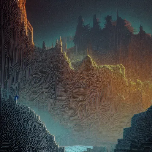Prompt: beautiful detailed matte painting of the distant past, by atelier olschinsky and moebius, trending on artstation, video game art, golden and charcoal color scheme, reflecting and mirrors, glassy sub surface scattering, lucid and translucent layers, intricate, rectilinear, digital art