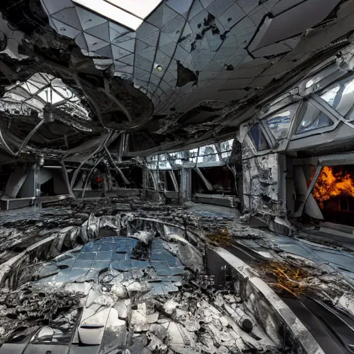 Image similar to photo of a futuristic research facility, destroyed by a failed experiment with multidimensional portals, fire, scientist, monsters,