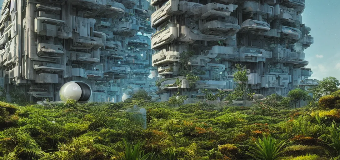 Image similar to a futuristic abandonded biome, gardens and orange brutalist buildings with plants growing on top sci - fi, digital art by beeple